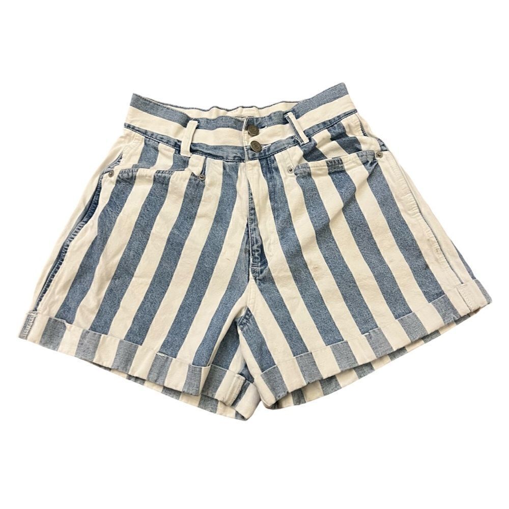 Vintage 1980s 1990s Streetwear Retro Striped Duo Tone High Waisted Jean Shorts